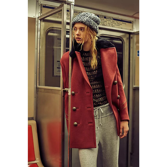 Free People Sedgwick Peacoat Military Style Wool Jacket Faux Fur Collar Size XS - Picture 9 of 9